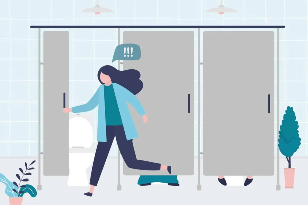 graphic of Urine incontinence Scottish woman running to the toilet.
