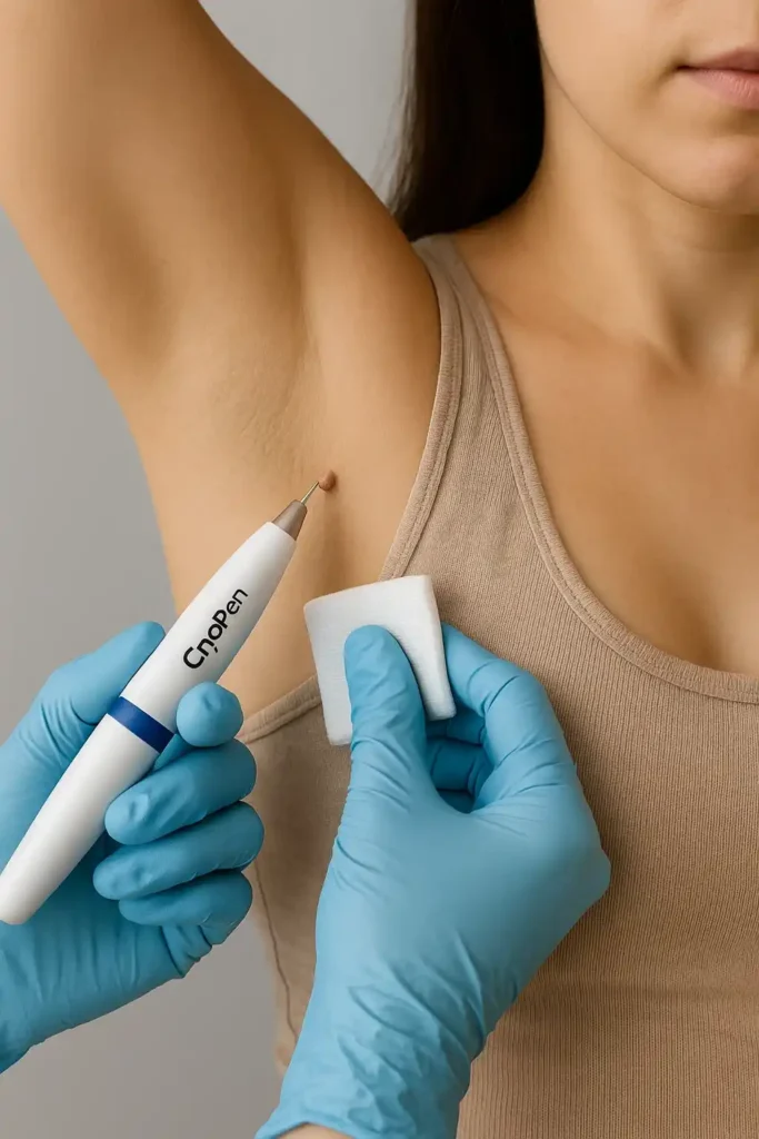 woman having cryopen to remove underarm skin tags Scottish