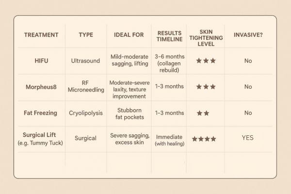 Table showing the comparisons of Skin tightening Scottish treatment options.